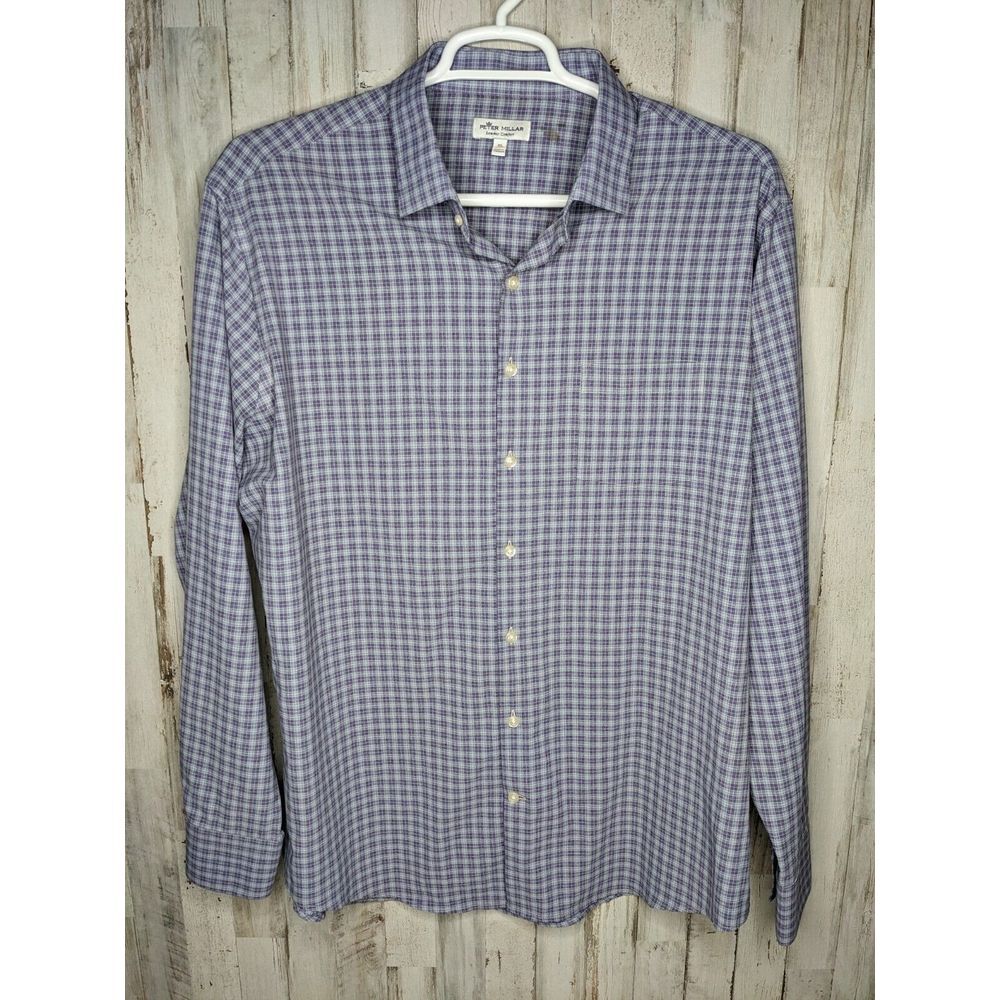 Peter Millar‎ Summer Comfort Men's XL Purple Gray Plaid Performance Golf Shirt